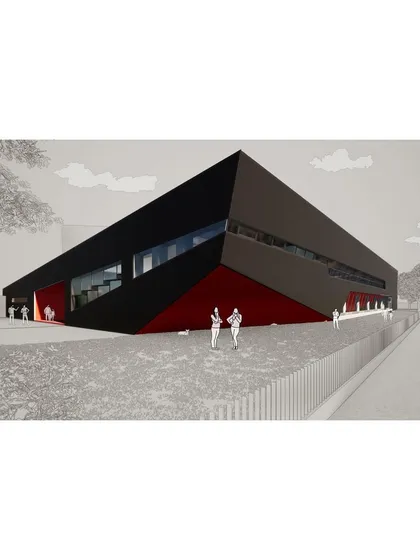 A conceptual render of the sports center, highlighting the contrast between the dark, solid mass of the building and the vibrant red accents at its entrances.