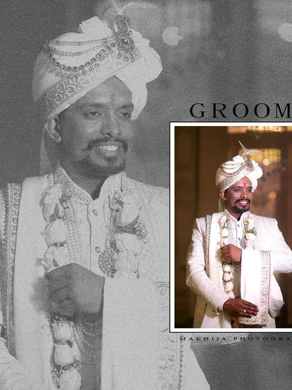 A handsome portrait of the groom, blending a black and white background with a color inset. This modern editing style makes the groom's portrait pop.