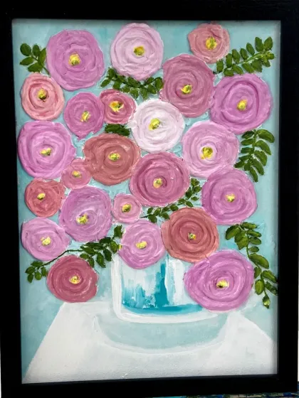 A beautiful, framed floral texture painting created in one of my short-term courses. You can learn to create stunning 3D floral art with acrylics and texture paste.