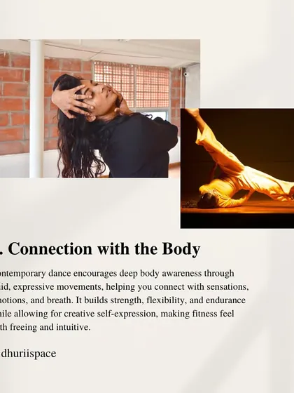 Contemporary dance encourages deep body awareness through fluid, expressive movements. This image illustrates how the practice connects you with sensations and emotions, building strength and flexibility while making fitness feel freeing and intuitive.
