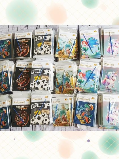 A variety of themed coloring books with a small crayon set, perfect as a simple and creative party favor.