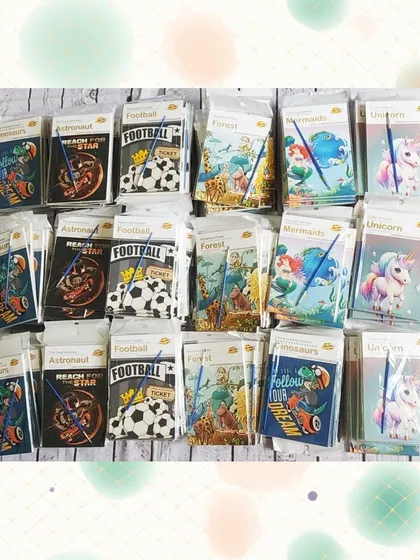 A variety of themed coloring books with a small crayon set, perfect as a simple and creative party favor.