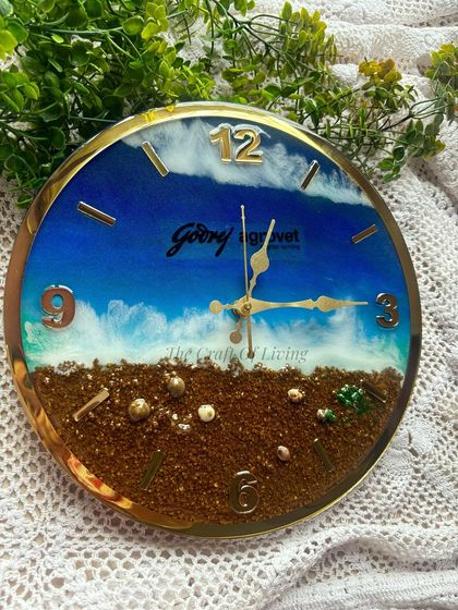 Another view of the Godrej corporate clock, showing the details of the resin waves and the preserved product. This demonstrates my ability to handle unique and creative corporate gifting projects.