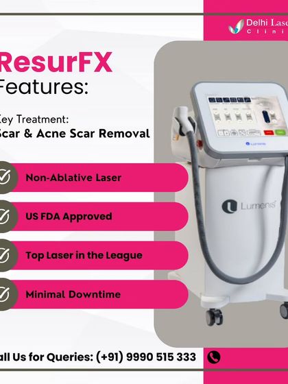 An infographic detailing the features of the ResurFX laser. This US-FDA approved, non-ablative laser is a top choice for scar and acne scar removal, offering significant results with minimal recovery time.