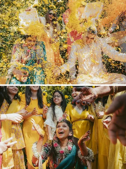 A vibrant Haldi celebration in full swing. We capture the joyous chaos as the couple is lovingly covered in turmeric and flower petals by their friends and family.