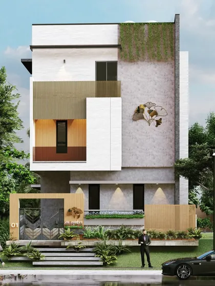 For this Hubli home, we used greenery as a key architectural material. The design features a prominent vertical garden on the upper facade and lush planters at the entrance, creating a strong connection with nature and a visually striking first impression.