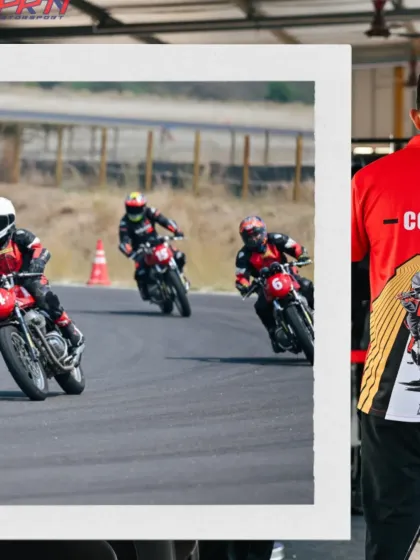 A collage showing a coach and riders during a track school session.