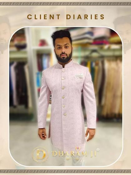 A client looking fresh and stylish in a light pink patterned sherwani. This is a great color choice for a daytime wedding.