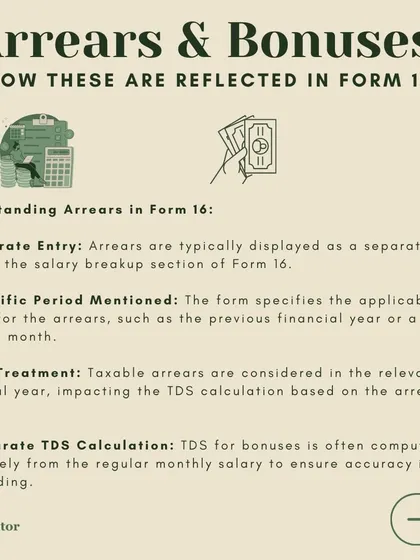 Arrears and bonuses have specific tax treatments. This image shows how they are displayed as separate entries in Form 16, with TDS often calculated separately to ensure accuracy.