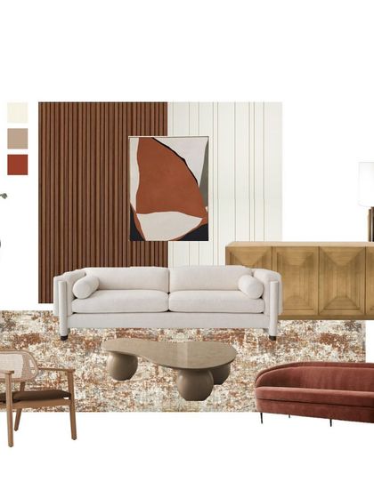 A mood board for a luxe and chic home, combining tones of terracotta, teak wood, and brass accents. This is the first step in defining the project's aesthetic.