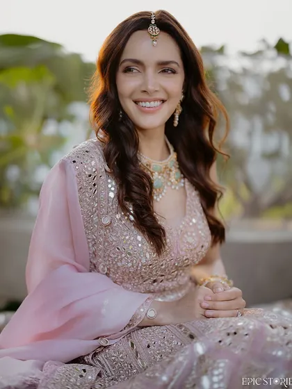 A lovely portrait of the bride-to-be, Shazahn Padamsee, at her roka ceremony. Her radiant smile and the soft, golden hour light create a warm and joyful image.