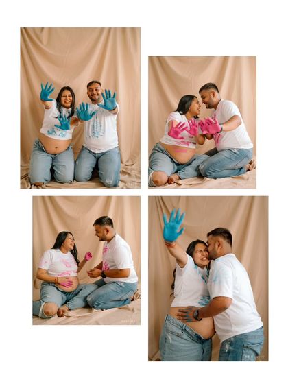 A collage showing all the fun and messy moments from a paint-themed maternity shoot. It's a unique way to celebrate whether you're expecting a boy or a girl!