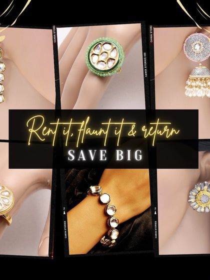 Don’t repeat it, rent it. This collage gives you a peek at some of my popular rental pieces, including statement rings, jhumkas, and bracelets. Save big by renting for every occasion.