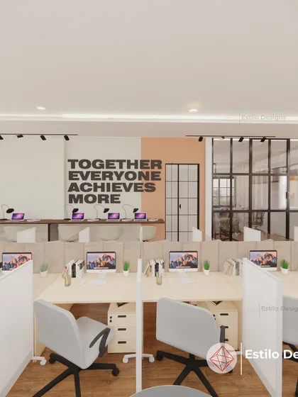 A 3D visualization of a contemporary open-plan office. In my workshops, I teach the principles behind creating functional and inspiring commercial spaces like this, focusing on workflow, spatial planning, and creating a collaborative atmosphere.