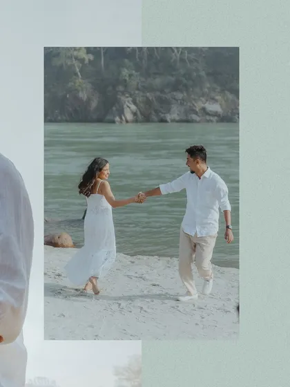 A creative, layered composition of the couple dancing on the sandy banks of the river in Rishikesh.