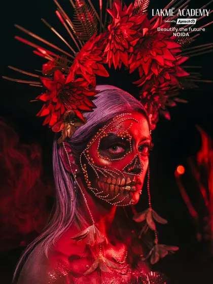 Let your creativity run wild with our fantasy makeup module. I guide you through advanced techniques like body painting, prosthetic application, and intricate detailing to bring any character or concept to life, just like this stunning skull creation.