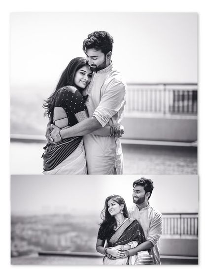 A romantic black and white collage of a young couple, capturing their embrace and happy smiles during their anniversary photoshoot.