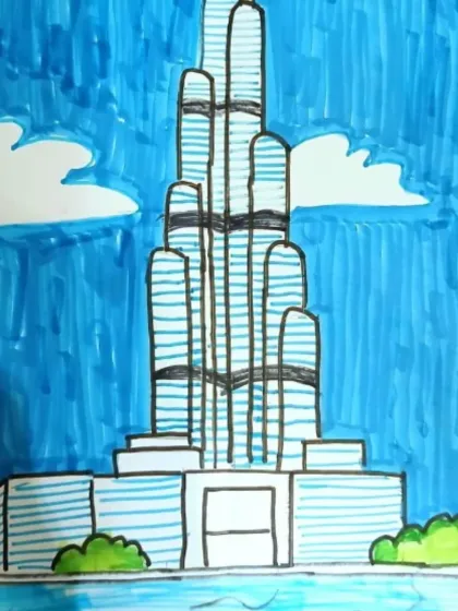 A student's drawing of the Burj Khalifa. This lesson focuses on drawing modern skyscrapers, understanding geometric shapes, and creating a sense of height.