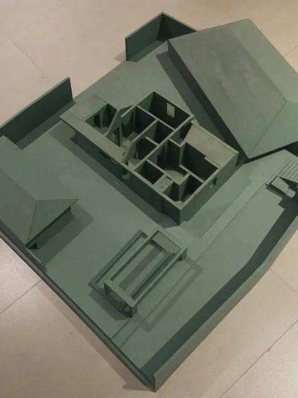 A detailed study model of the Alibaug project with the roof removed. This allows the client and me to understand the interior layout and flow of the space in a tangible way.