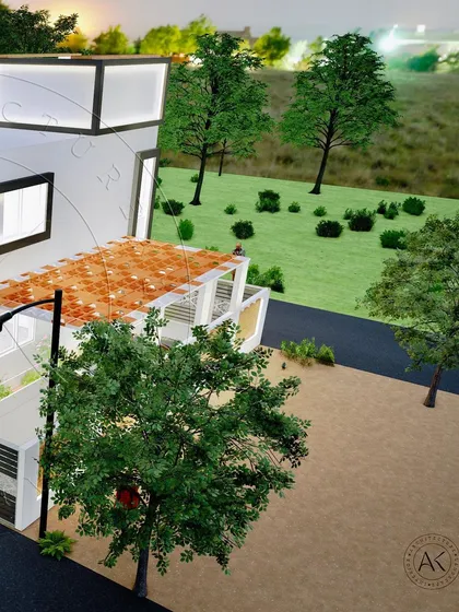 This render shows an alternative design concept for our Ilkal project. It explores a more contemporary aesthetic with clean lines and bold forms, while still incorporating a patterned pergola that plays with light and shadow.