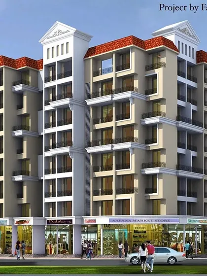 This is the architectural design for "Krishna Villa," a completed apartment building in Ulwe, Navi Mumbai. The project features a traditional design with sloping red-tiled roof elements, housing 49 apartments and 11 shops.