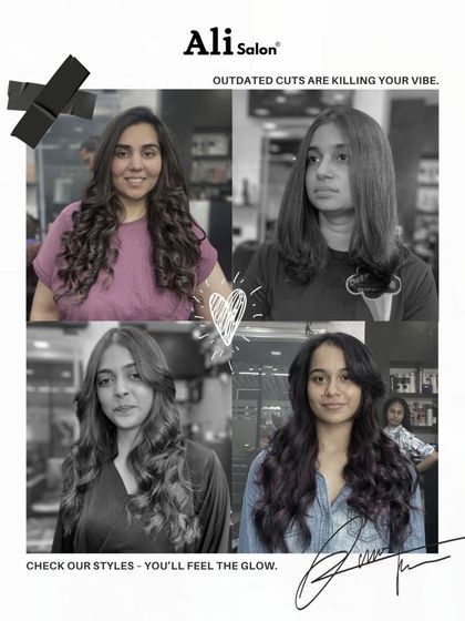 A collage showing four different clients with fresh, modern hairstyles, proving that outdated cuts are killing the vibe.
