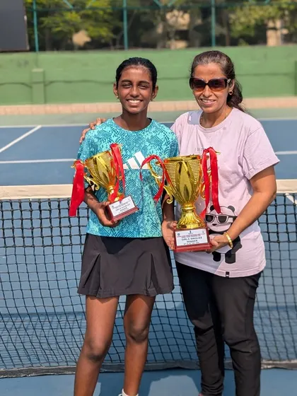 Trisha Bhosale with her mother, celebrating her first-ever double crown at the All India Championship Series U-12 in Nerul.