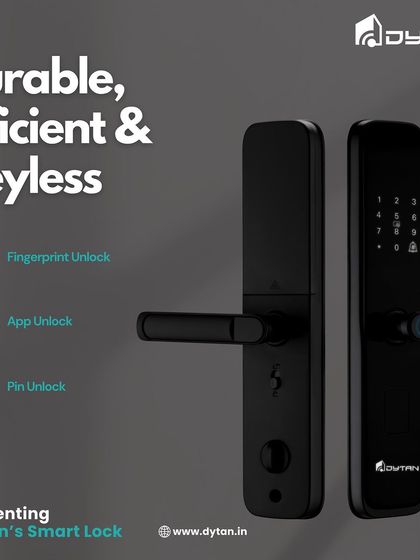 Durable, efficient, and keyless. This graphic highlights the three main ways to use our smart lock: a highly accurate fingerprint scanner, app unlock from your phone, and a traditional PIN code.