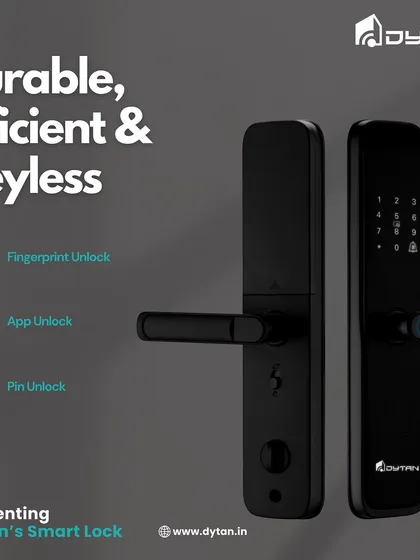 Durable, efficient, and keyless. This graphic highlights the three main ways to use our smart lock: a highly accurate fingerprint scanner, app unlock from your phone, and a traditional PIN code.