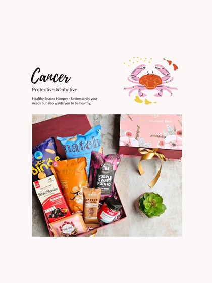 A Rakhi gift guide based on zodiac signs. For the protective and intuitive Cancer, I suggest the Healthy Snacks Hamper, because they care about your health but also want you to have treats.