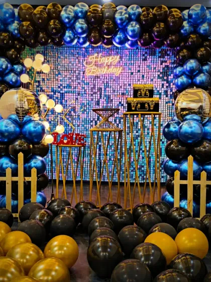 I can customize the decorations to match any theme you have in mind. This setup features a bold blue, black, and gold color scheme for a stylish and modern birthday celebration.