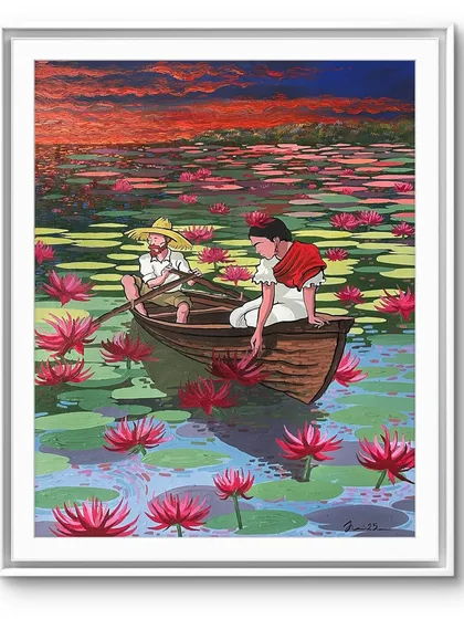 I call this original acrylic painting 'Colorful Lake 2'. Here, I imagine Vincent and Frida finding a moment of quiet peace together, drifting through a sea of red lotus flowers under a blazing sunset. This piece brings together Frida's tranquil, poetic gaze and the dynamic rhythm of Van Gogh's brush, creating a story of shared solitude and beauty.