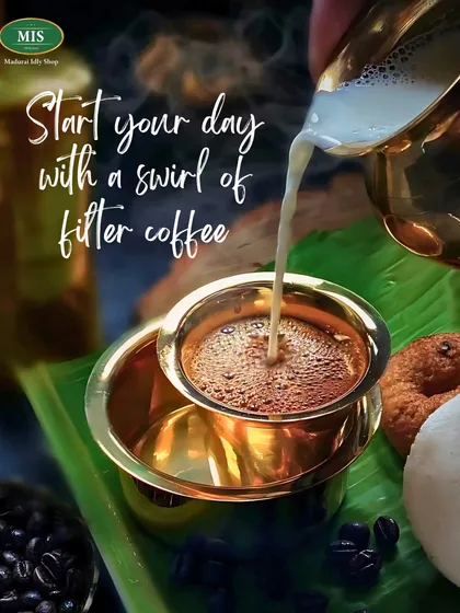 No South Indian meal is complete without a strong, aromatic filter coffee. I love seeing the fresh decoction mix with milk, creating that perfect cup to finish a satisfying meal.