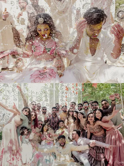 A collage of the messy, fun-filled haldi, showing the couple being covered in petals and a happy group photo with their friends.