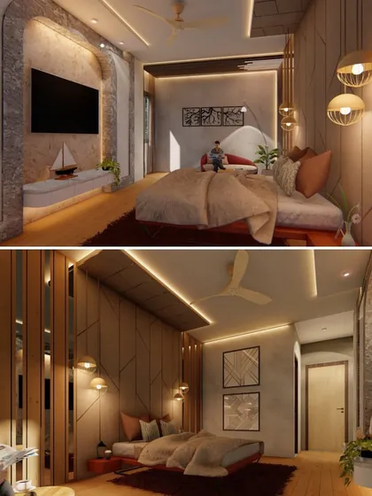 This collage showcases two different views of a bedroom where I combined dark teakwood with rustic textures. The design features an arched TV niche and layered lighting to create a cozy, artful space that feels both modern and timeless.