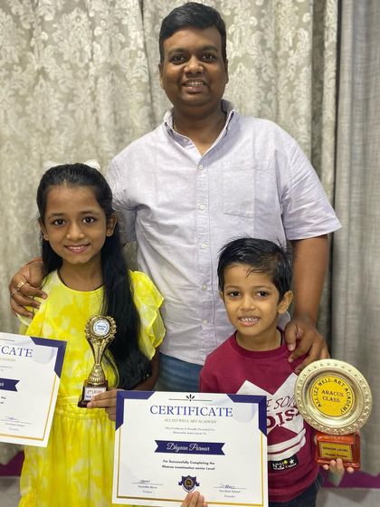 A closer look at the certificates and trophies awarded to siblings Saee and Dhyan for their success in the abacus program.