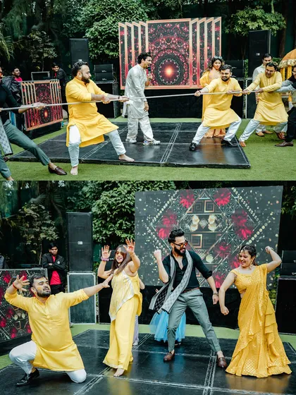 The Haldi ceremony is also a time for fun and games. Here, I captured the competitive spirit of a tug-of-war and the energetic dance-off between the bride and groom's sides.