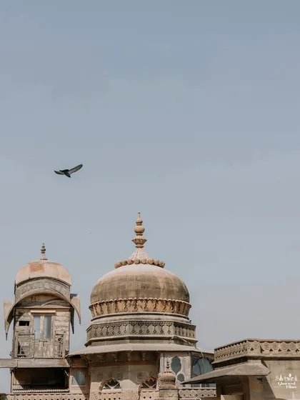 A serene architectural shot of the palace domes with a bird in flight. We often capture these quiet, scene-setting details to add a sense of place and poetry to your final photo collection.