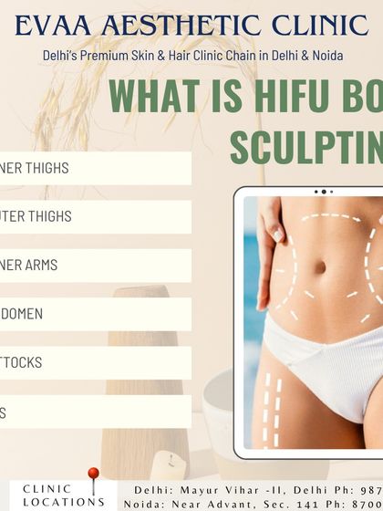 Beyond the face, we also offer HIFU Body Sculpting. This treatment is effective for tightening skin and reducing fat on the inner and outer thighs, inner arms, abdomen, buttocks, and hips.