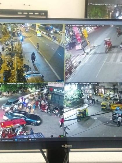 A four-camera split-screen view monitoring a busy city intersection at night. My installations for public spaces are designed to capture clear details of vehicles and pedestrian movement.