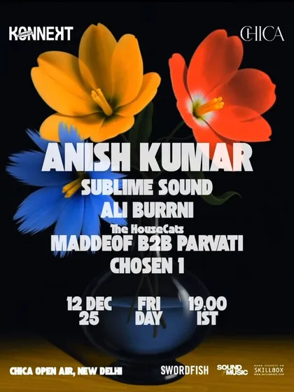 A poster for a night of house and techno featuring Anish Kumar and others at an open-air venue in New Delhi.