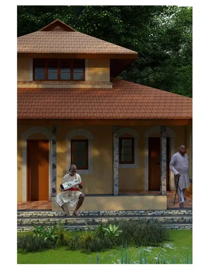 This 3D view illustrates a simple, cost-effective farmhouse design. The extended sit-out provides a sheltered space for relaxation while connecting the home to the surrounding garden and landscape.