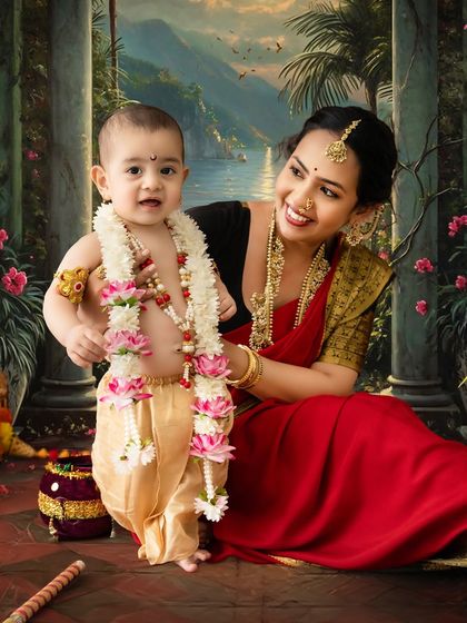 A standing baby Krishna holds a flower garland, guided by his mother's gentle hand. The painted floral background adds a soft, dreamy quality.