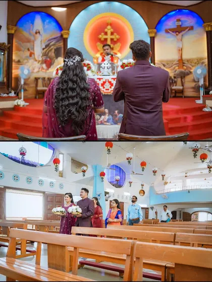 A collage showing scenes from a Catholic wedding ceremony. It captures the couple at the altar and walking down the aisle, documenting the key moments of their service.