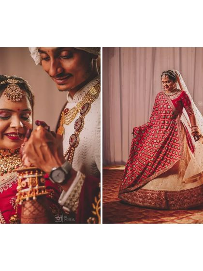A wedding day diptych showing a close-up of a ritual and a full-length shot of the bride twirling in her beautiful red and white lehenga.