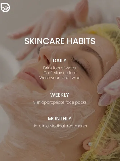 This visual outlines simple daily, weekly, and monthly habits for healthy skin. Consistency with hydration, proper cleansing, and in-clinic medical treatments forms the foundation of a radiant complexion.