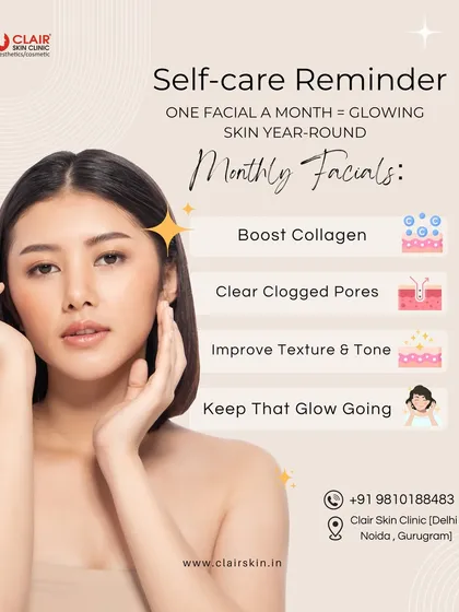Here's your friendly self-care reminder. Committing to one professional facial a month is a great way to maintain glowing skin year-round by boosting collagen, clearing pores, and improving overall texture and tone.