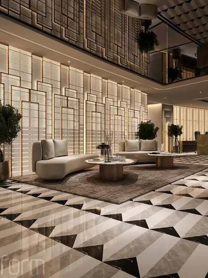 The lobby of this high-end real estate firm in Gurgaon was designed to be a powerful first impression. I used a dynamic synergy of contemporary forms, geometric flooring, and state of the art technology to create a space that communicates innovation and authority from the moment one steps inside.