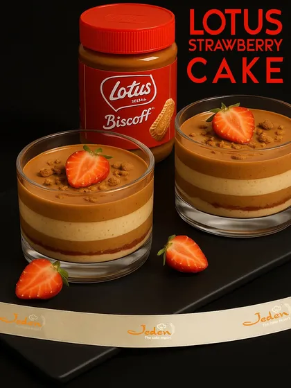 A beautiful display of our Lotus Strawberry Cake dessert cups. These feature layers of creamy Biscoff mousse, strawberry compote, and crumbled biscuits, topped with a fresh strawberry.