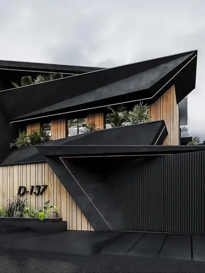 This farmhouse facade concept embraces rustic charm with bold geometric precision. The angular black forms contrast with natural wood panels, creating a harmony between man-made design and the raw beauty of the landscape.